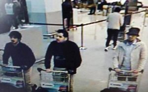 This CCTV image from the Brussels Airport surveillance cameras made available by Belgian Police, shows what officials believe may be suspects in the Brussels airport attack on March 22, 2016. The Belgian state prosecutor said in a press conference on Tuesday, that a photograph of three male suspects was taken at Zaventem. "Two of them seem to have committed suicide attacks. The third, wearing a light-coloured jacket and a hat, is actively being sought," the prosecutor said. REUTERS/CCTV/Handout via Reuters