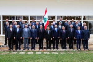 The newly formed Lebanese Government Ministers posing for a photo at the Lebanon presidential palace of Baabda east of Beirut with President Michel Aoun.