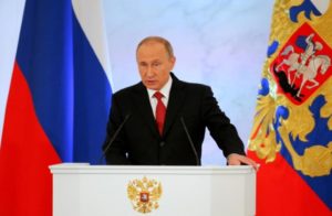 Russian President Putin delivers speech during his annual state of nation address at Kremlin in Moscow