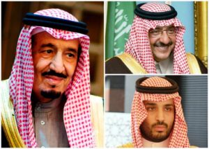 King Salman bin Abdulaziz, Crown Prince Muhammad bin Nayef bin Abdulaziz (top right) and Deputy Crown Prince Muhammed bin Salman bin Abdulaziz (bottom right)