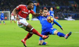 Adama Traoré, left, breezes past Christian Fuchs during Middlesbrough’s recent draw at Leicester City. Photograph: Nigel French/PA