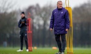 Swansea’s coach and current caretaker Alan Curtis keeps an eye on proceedings in training.