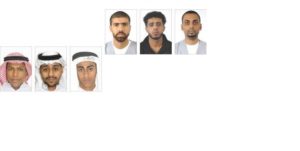 The three arrested men: Abdullah Ali Al-Darweesh,Mazen Ali al-Qabaah and Mustafa Ahmad al-Sahwan.The three wanted men: Muhammad Hussein Ali al-Ammar, Maitham Ali Muhammad al-Qudaihi and Ali Bilal Saud al-Hamad.