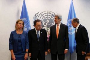 (L to R) High Representative of the European Union for Foreign Affairs and Security Policy Federica Mogherini, United Nations Secretary-General Ban Ki-moon, U.S. Secretary of State John Kerry and Russian Foreign Minister Sergey Lavrov gather before a Middle East Quartet Principals Meeting during the during the 71st Session of the United Nations General Assembly in Manhattan, New York, U.S., September 23, 2016. REUTERS/Andrew Kelly