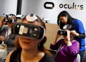 Gamers test the Samsung Gear VR at the Oculus display at the Electronic Entertainment Expo, otherwise known as E3, in Los Angeles, June 2015. Photo: Mark Ralston/AFP/Getty Images
