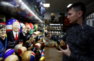 Painted Matryoshka dolls bearing faces of U.S. Republican presidential nominee Trump and other political leaders are displayed for sale at souvenir shop in Moscow