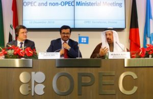 Russia's Energy Minister Novak, OPEC President al-Sada and Saudi Arabia's energy minister al-Falih address a news conference after a meeting in Vienna