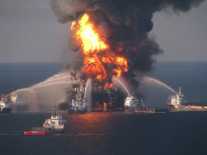 Image from a video footage shows an oil platform on fire in the Caspian Sea. Reuters