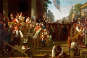George Caleb Bingham’s “The Verdict of the People” from 1855, which historians say depicts public reaction to a likely proslavery candidate’s election victory, was chosen as the painting that will be displayed behind the president’s table at the inaugural luncheon. (Saint Louis Art Museum)
