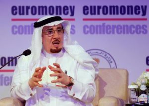 Saudi Labour Minister Mufrej al-Haqbani gestures as he speaks during a Euromoney conference in Riyadh