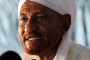 Former Sudanese Prime Minister al-Mahdi addresses residents displaced by the Merowe dam in Omdurman