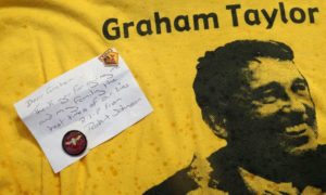 Watford fans pay tribute to Graham Taylor at Vicarage Road. Photograph: Zemanek/BPI/Rex/Shutterstock