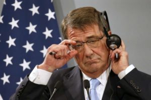 U.S. Defense Secretary Ash Carter reacts during a news conference at the French Defence Ministry in Paris, France, January 20, 2016. The United States has called for defense ministers from all 26 nations participating in the coalition against Islamic State as well as Iraq to gather in Brussels in three weeks time, U.S. Defense Secretary Carter said on Wednesday. REUTERS/Charles Platiau