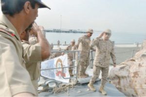 Chief of the General Staff Gen. Abdurrahman Al-Bunyan greets the warship’s crew of officers and non-commissioned officers at King Faisal Naval Base of the Western Fleet in Jeddah on Sunday.