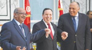 Three foreign ministers, Tunisia’s Khemaies Jihnaoui, Egypt’s Sameh Shoukry and Algeria’s Minister of Maghreb Affairs, African Union and Arab League Abdelkader Messahel