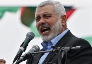 Ismail Haniyeh talks to his supporters during a Hamas rally in Gaza City.