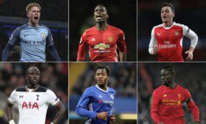 Big money buys (clockwise from top left): Kevin De Bruyne, Paul Pogba, Mesut Özil, Sadio Mané, Michy Batshuayi and Moussa Sissoko. Photograph: AP, EPA, Getty Images and Rex Features