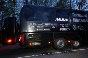 FILE PHOTO: The Borussia Dortmund team bus is seen after an explosion near their hotel before the game