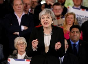 Britain's Prime Minister Theresa May delivers a speech to Conservative Party members to launch their election campaign in Walmsley Parish Hall, Bolton
