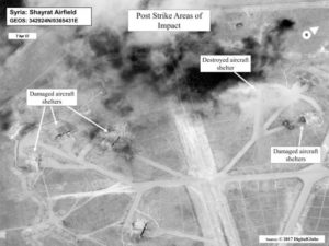 Battle damage assessment image of Shayrat Airfield Syria in DigitalGlobe satellite image