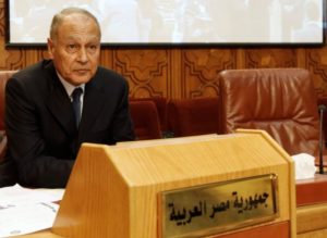 Egypt's Foreign Minister Ahmed Aboul Gheit attends an emergency Arab League meeting on Libya, in Cairo