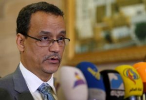 United Nations envoy for Yemen, Ismail Ould Cheikh Ahmed speaks to reporters upon his departure at Sanaa airport following a visit to Sanaa, Yemen