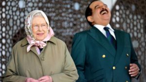 The King of Bahrain Hamad bin Isa Al Khalifa, laughs as he stands with Britain's Queen Elizabeth II as they attend the Royal Windsor Horse Show, which is held in the grounds of Windsor Castle in Windsor England Friday May 12, 2017.