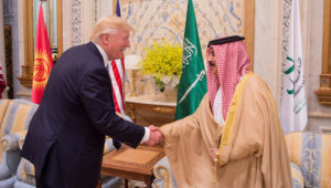 U.S. President Donald Trump shakes hands with Bahrain's King Hamad bin Isa Al Khalifa at the Gulf Cooperation Council leaders summit in Riyadh
