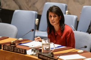 US Ambassador to the United Nations Nikki Haley delivers remarks at a Security Council in April at the United Nations Headquarters, in New York.