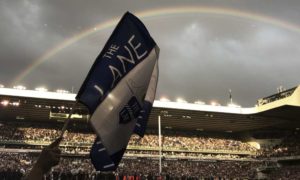Mauricio Pochettino and his Tottenham squad embarked on a lap of honour around the White Hart Lane pitch just as a rainbow broke out across the sky. Photograph: Rob Harris/AP