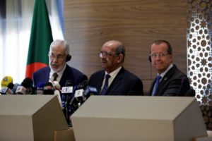 Libyan Foreign Affairs Minister, Mohamed Taher Siala, Martin Kobler, a Special Representative and Head of the UNSMIL and Algeria's Minister for African and Maghreb affairs, Abdelkader Messahel attend a news conference in Algiers