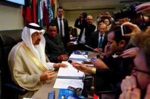 Saudi Arabia's Energy Minister al-Falih and OPEC Secretary General Barkindo talk to journalists before an OPEC meeting in Vienna