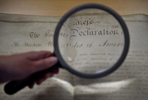 A rare handwritten copy of the US Declaration of Independence is seen at the West Sussex Record Office in Chichester in south England