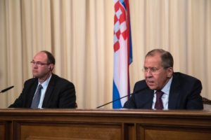 Russian Foreign Affairs Minister Sergei Lavrov speaks during a joint news conference with Croatian Deputy Prime Minister and Minister of Foreign and European Affairs Davor Ivo Stier in Moscow on Tuesday.