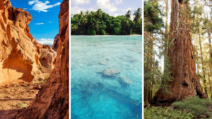 Three of the national monuments now under review by the Department of the Interior: (from left to right) Gold Butte in Nevada, the Pacific Remote Islands and Giant Sequoia in Northern California.