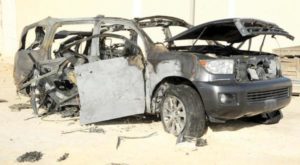 Picture of the bomb-laden SUV which detonated in Saudi Arabia's Qatif region