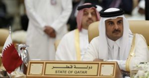 The Emir of Qatar Tamim bin Hamad al-Thani attends the final session of the South American-Arab Countries summit, in Riyadh.