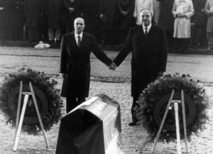 FILE PHOTO 22SEP84 - Helmut Kohl (R) stands hand in hand with former French President Francois Mitte..