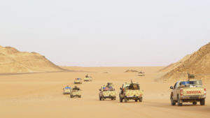 Troops and vehicles from the national army in Kufra, are seen taking part in a "Operation Dignity" mission, at the Libyan-Egyptian border, near Kufra