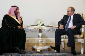 Russian President Vladimir Putin attends a meeting with Saudi Defence Minister Prince Mohammad Bin Salman at the Konstantin Palace in St. Petersburg