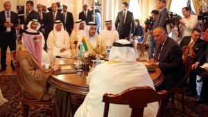 The anti-terror quartet: (Seated from left to right) Saudi Foreign Minister Adel al-Jubeir, United Arab Emirates Foreign Minister Abdullah bin Zayed al-Nahyan, Egyptian Foreign Minister Sameh Shoukry, and Bahraini Foreign Minister Khalid bin Ahmed al-Khalifa meet in Cairo, Egypt