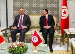 Tunisian Foreign Minister, Khamis Al-Jehinawi (R) and Turkish Foreign Minister Mevlut Cavusoglu (L) are seen during their meeting in the foreign ministry building in Tunis, Tunisia on November 28, 2016
