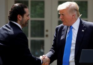US President Donald Trump shakes hands with Lebanese Prime Minister Saad al-Hariri during a press conference in the Rose Garden of the White House in Washington, US, July 25, 2017