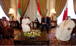 Saudi Foreign Minister Adel al-Jubeir (L), UAE Foreign Minister Abdullah bin Zayed al-Nahyan (C-L), Egyptian Foreign Minister Sameh Shoukry (C-R), and Bahraini Foreign Minister Khalid bin Ahmed al-Khalifa meet to discuss the diplomatic situation with Qatar, in Cairo, Egypt, July 5, 2017.