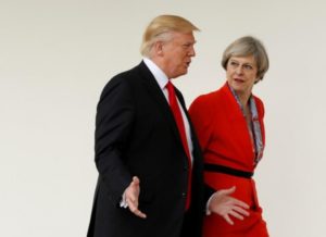 US President Trump escorts British Prime Minister May after their meeting at the White House in Washington