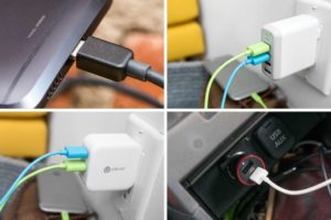 Clockwise from top left: A USB-C connector, the Anker PowerPort 4 wall charger, the Anker PowerDrive 2 car charger and the iClever Dual USB Travel Wall Charger. Credit Michael Hession/The Wirecutter