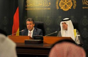 Foreign Minister Adel Al-Jubeir and his German counterpart Sigmar Gabriel address a press conference in Jeddah on Monday.