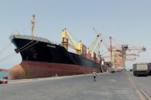 A ship is docked at the Red Sea port of Hodeidah, Yemen, March 23, 2017.