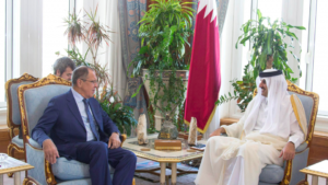 Emir of Qatar Sheikh Tamim bin Hamad al Thani meets with Russia's foreign minister Sergey Lavrov in Doha, Qatar