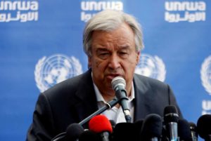 United Nations Secretary-General Guterres attends a news conference at UN-run school in the northern Gaza Strip